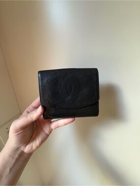 Authentic CHANEL Timeless Compact Wallet in black caviar leather